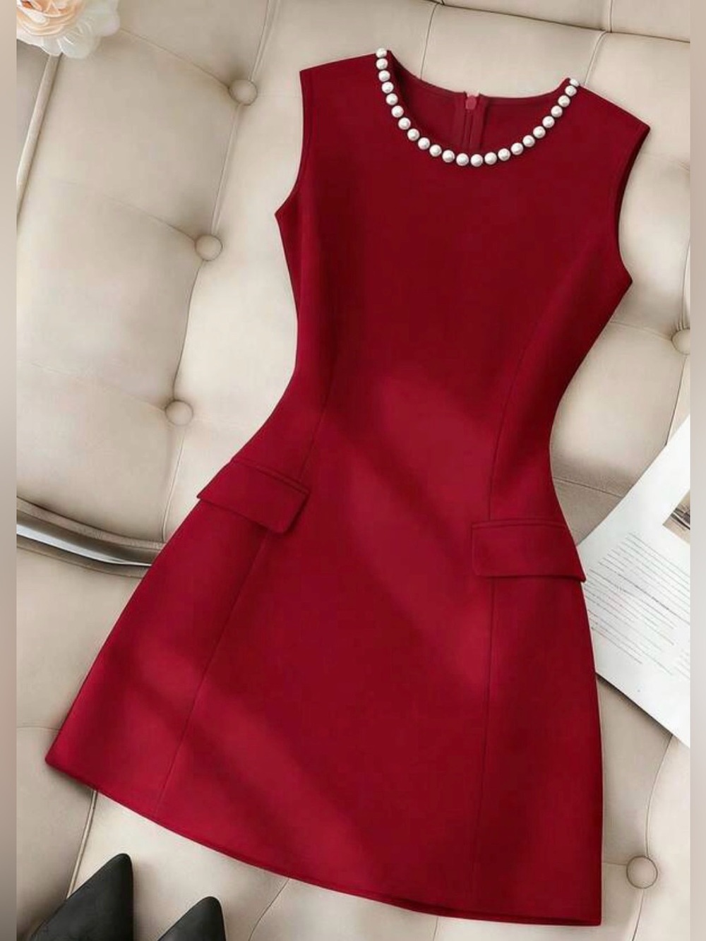 Sleeveless Red Pearl-Neck A-Line Dress